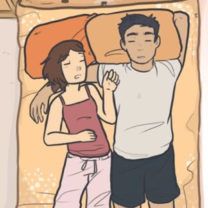 Dormindo com um homem folgado em uma cama pequena