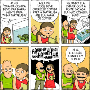 Um casal engraçado e sua tartaruga nos quadrinhos