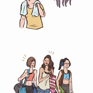 Uma mulher comum vendo mulheres que se parecem modelos e um quadrinho sobre padrões de beleza