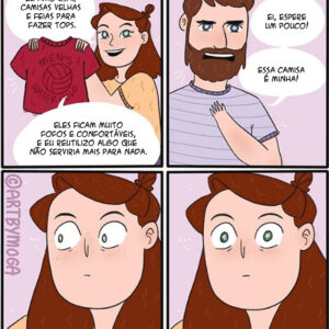 Um casal divertido enfrentando problemas com dentistas, roupas e sacolas reutilizáveis